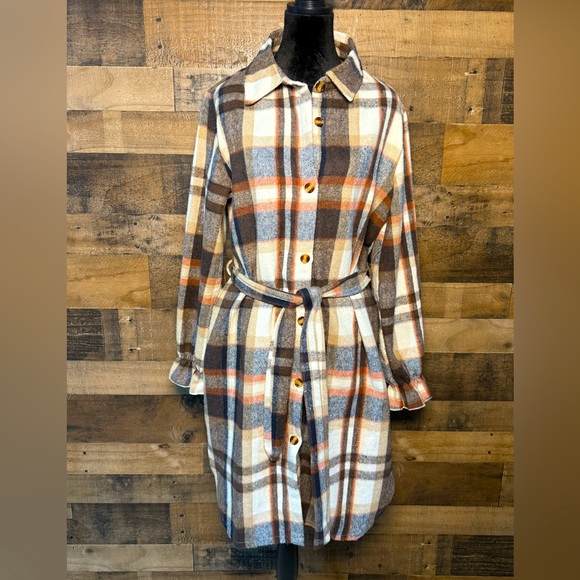 None Jackets & Blazers - Plaid Women's Ivory Brown Red Belted Jacket Blazer Pea Coat Large L CT